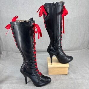 Pleaser Bordello Tempt Boots Black Faux Leather Lace Up Tall Stiletto Women's 8